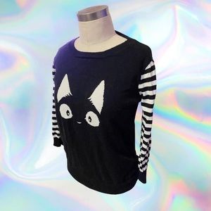 Black & White Stripe Sleeve Knit Kitty Cat Sweater - Size Medium